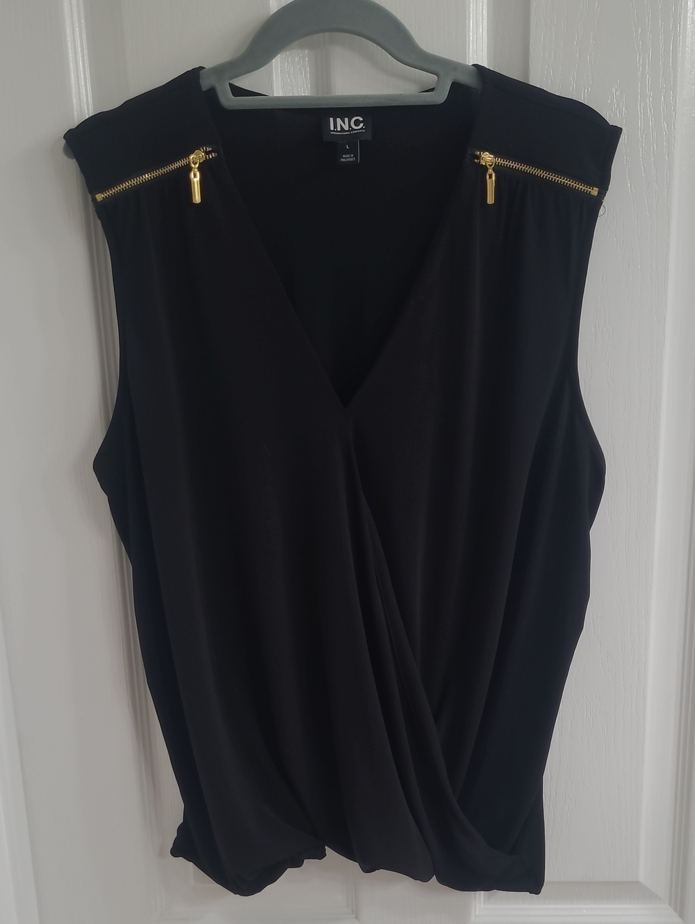 INC International Concepts Black Sleeveless V-Neck Top with Gold Zipper Accents